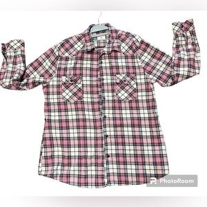 Matchstick western pink black plaid Long sleeve Button Down grandma core XL